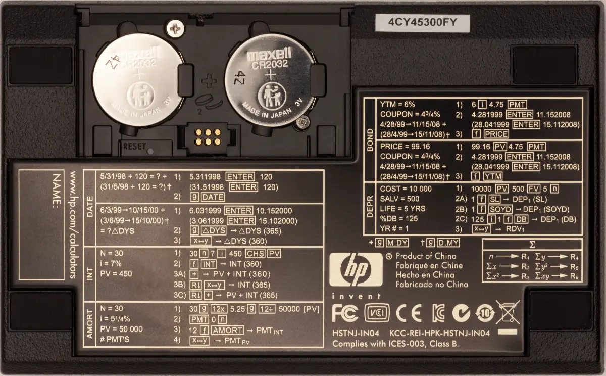 HP-12C ARM v1 design, mfr 2014 by Besta, back-side shot