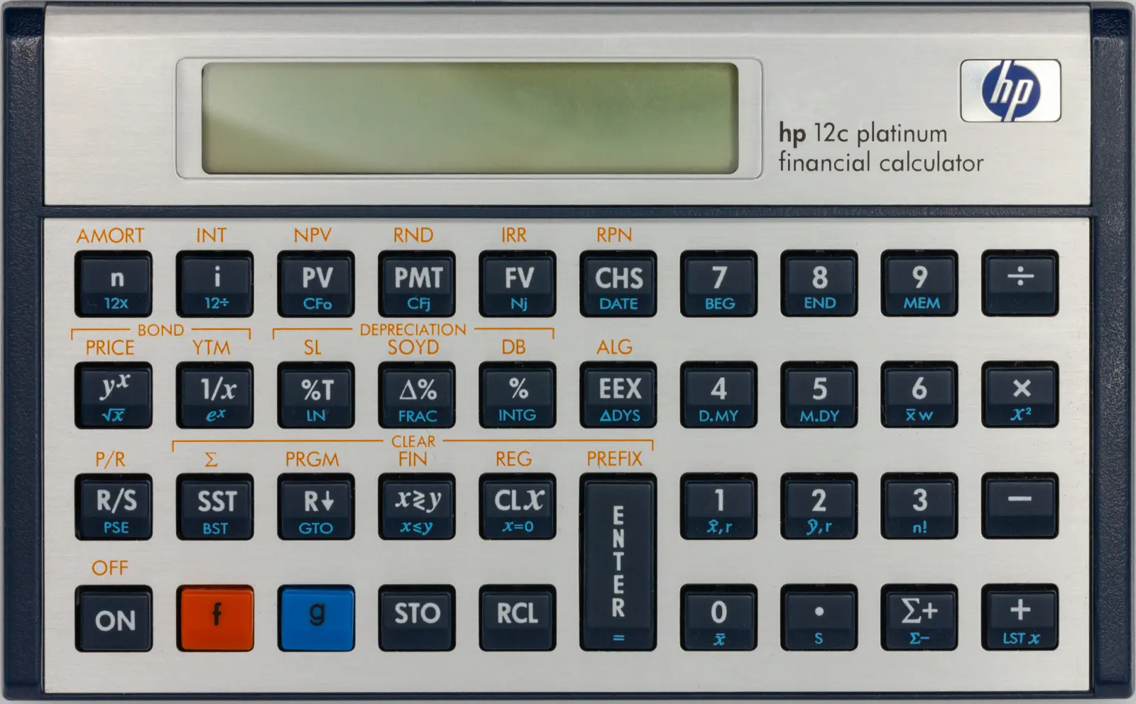 HP 12c Platinum, original version with silver faceplate and blue plastic housing, front side